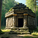 **Hidden Temple:** A serene, forgotten temple nestled deep within a Polish forest, bathed in dappled sunlight filtering through the trees. Ancient Slavic symbols adorn the weathered stone walls.