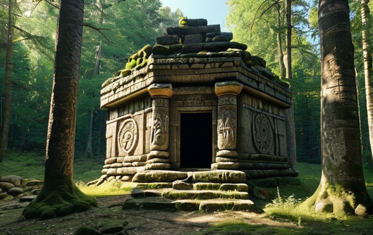 **Hidden Temple:** A serene, forgotten temple nestled deep within a Polish forest, bathed in dappled sunlight filtering through the trees. Ancient Slavic symbols adorn the weathered stone walls.