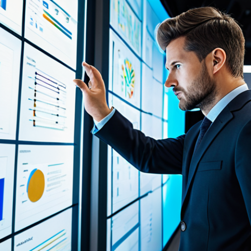 Home 20 A focused male professional, wearing a tailored business suit, is intently examining complex data visualizations on a large transparent screen in a futuristic, brightly lit office environment. His posture is natural, displaying deep concentration. The scene emphasizes a high-tech, analytical approach to problem-solving. fully clothed, modest clothing, appropriate attire, professional dress, perfect anatomy, correct proportions, natural pose, well-formed hands, proper finger count, natural body proportions, safe for work, appropriate content, professional photography, high quality, studio lighting, detailed, clean composition.