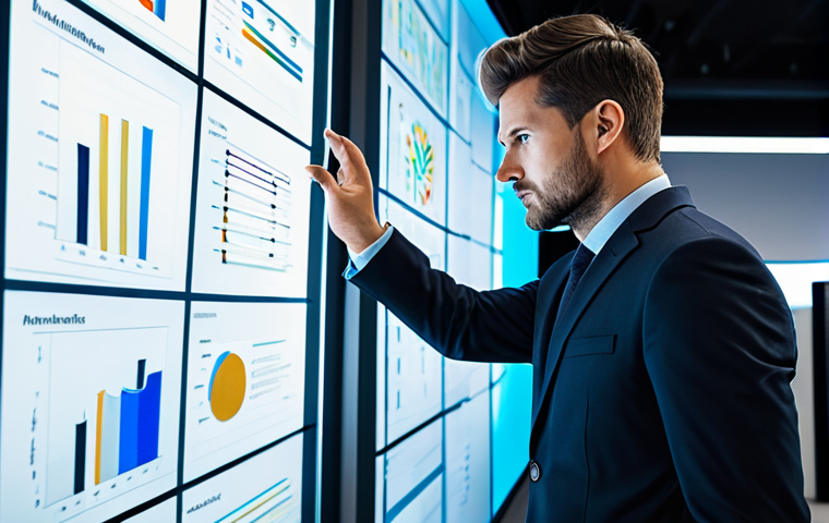 A focused male professional, wearing a tailored business suit, is intently examining complex data visualizations on a large transparent screen in a futuristic, brightly lit office environment. His posture is natural, displaying deep concentration. The scene emphasizes a high-tech, analytical approach to problem-solving. fully clothed, modest clothing, appropriate attire, professional dress, perfect anatomy, correct proportions, natural pose, well-formed hands, proper finger count, natural body proportions, safe for work, appropriate content, professional photography, high quality, studio lighting, detailed, clean composition.