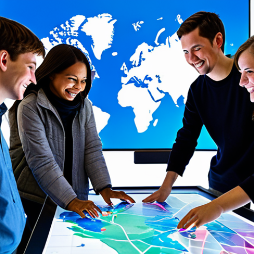 Home 9 A diverse group of young adults, fully clothed in modern, modest attire, gathered around a large interactive holographic projection of a vibrant game map from "Reverse:1999". They are smiling and engaged in collaborative discussion, with subtle digital lines connecting them globally, representing their interconnectedness. The environment is a clean, well-lit modern tech hub. Professional photography, high-resolution, vibrant colors, soft lighting, perfect anatomy, correct proportions, natural pose, well-formed hands, proper finger count. safe for work, appropriate content, fully clothed, professional.