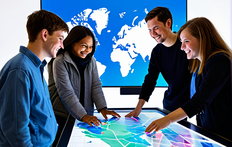 A diverse group of young adults, fully clothed in modern, modest attire, gathered around a large interactive holographic projection of a vibrant game map from "Reverse:1999". They are smiling and engaged in collaborative discussion, with subtle digital lines connecting them globally, representing their interconnectedness. The environment is a clean, well-lit modern tech hub. Professional photography, high-resolution, vibrant colors, soft lighting, perfect anatomy, correct proportions, natural pose, well-formed hands, proper finger count. safe for work, appropriate content, fully clothed, professional.