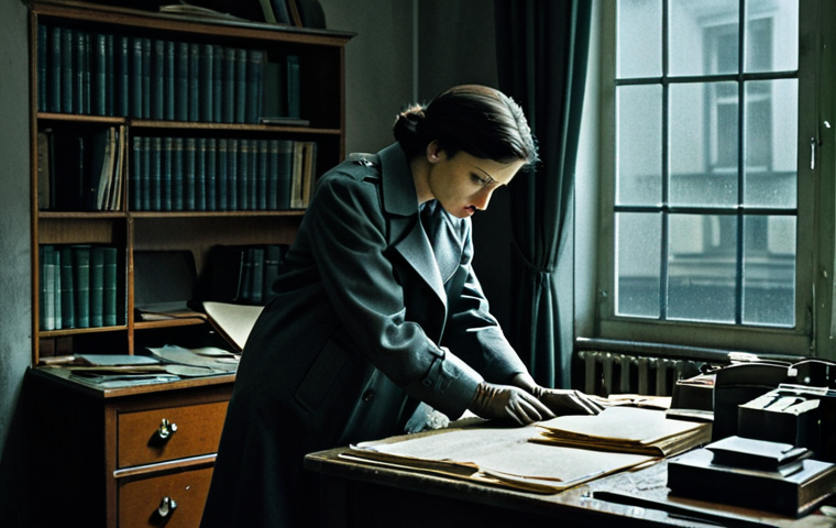 Noir Detective's Office**
"A dimly lit detective's office in Warsaw, Poland, circa 1999. A female investigator in a trench coat and modest attire examines a mysterious artifact on a desk cluttered with case files. Rain streaks the window. Atmospheric, film noir style, muted colors, safe for work, appropriate content, fully clothed, professional, perfect anatomy, correct proportions, well-formed hands, natural pose."
**
