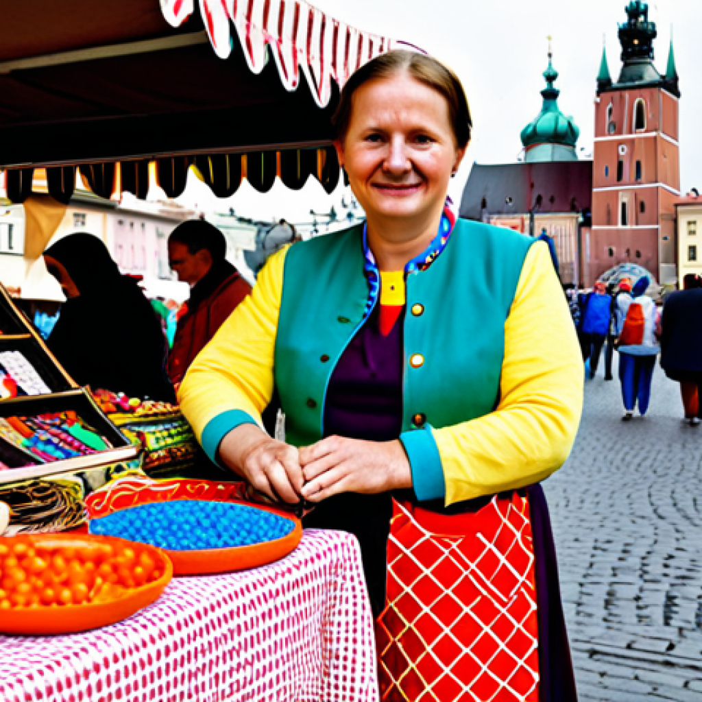 Thrifty Trader at Krakow Market**

A resourceful Polish woman in traditional clothing, meticulously organizing her market stall filled with colorful crafts and resources, Krakow's main square in the background, fully clothed, appropriate attire, safe for work, perfect anatomy, natural proportions, professional, modest, family-friendly, high quality, natural lighting, vibrant colors.

**