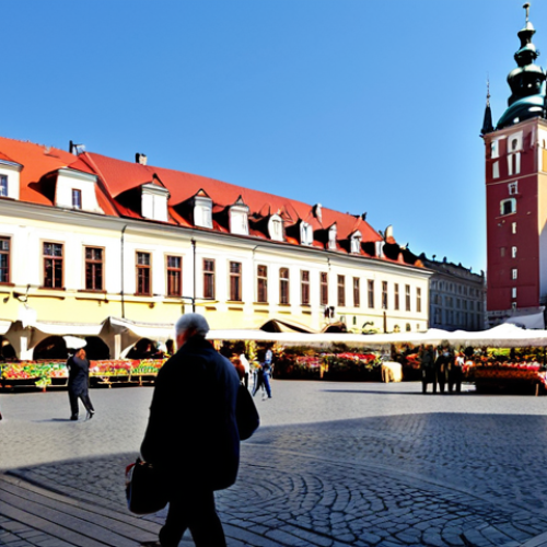 Home 19 Krakow Market Square**
"A vibrant, sunlit view of Krakow's Main Market Square (Rynek Główny), featuring the Cloth Hall (Sukiennice), St. Mary's Basilica (Kościół Mariacki), and flower stalls. People are strolling, fully clothed in fashionable, modern Polish clothing. In the distance, horse-drawn carriages can be seen. Safe for work. Perfect anatomy. Correct proportions. Professional photography, high resolution, realistic rendering, appropriate content."
**