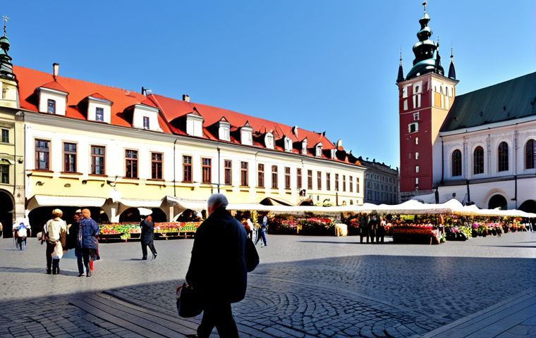 Krakow Market Square**
"A vibrant, sunlit view of Krakow's Main Market Square (Rynek Główny), featuring the Cloth Hall (Sukiennice), St. Mary's Basilica (Kościół Mariacki), and flower stalls. People are strolling, fully clothed in fashionable, modern Polish clothing. In the distance, horse-drawn carriages can be seen. Safe for work. Perfect anatomy. Correct proportions. Professional photography, high resolution, realistic rendering, appropriate content."
**